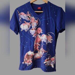 Bibi Sama Corgi In Space Medium Blue and Pink Floral‎ Short Sleeve Tee